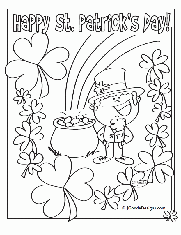 St Patricks Day Leprechaun, Lucky Clover and Pot of Gold coloring 