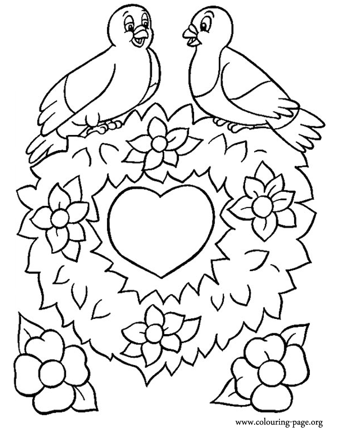 Valentine's Day - Two birds sitting on a heart of flowers coloring 