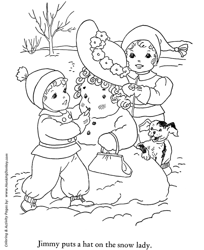 Winter Coloring - Kids SnowLady Coloring Page Sheets of the Winter Season |  HonkingDonkey