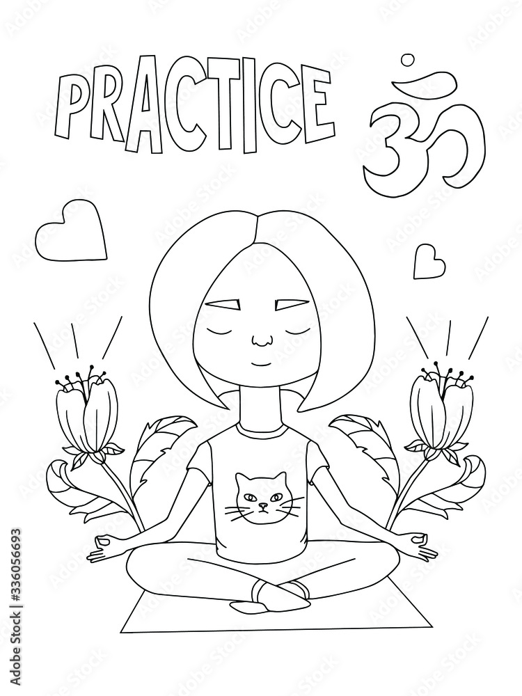Hand painted woman in yoga poses, meditation, outline, coloring pages for  adult. Stock Vector | Adobe Stock