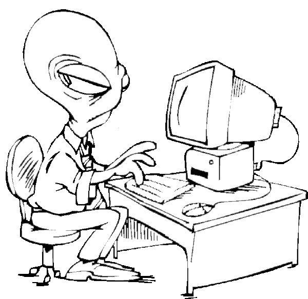 Alien working on a computer coloring page! This alien sits at the ...