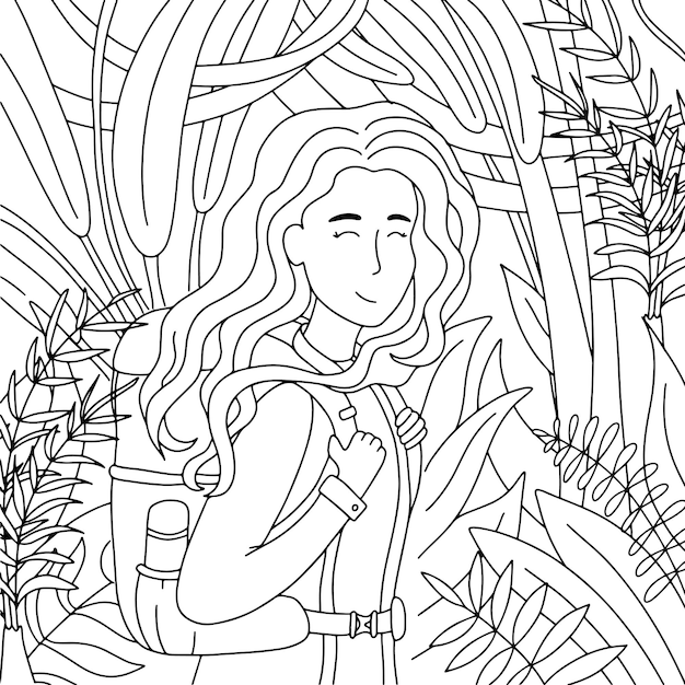 Premium Vector | Girl hiking with a backpack in the jungle coloring page