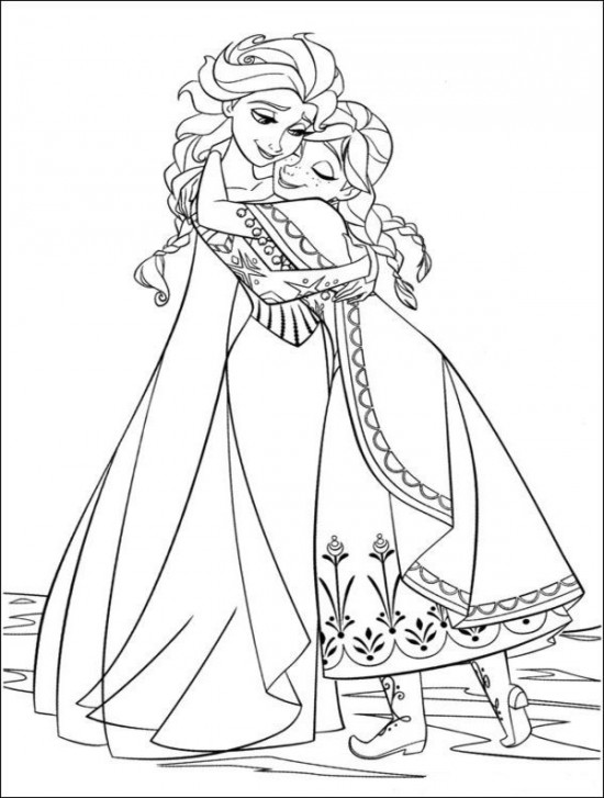 Elsa and Anna Hugging Free Coloring Page