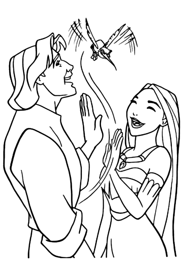 Drawing of John Smith e Pocahontas con il colibrì coloring page