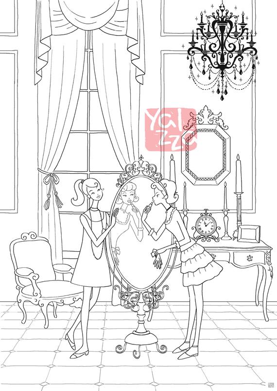 Adult Colouring Page, Printable Colouring Pages, yalzza, lovely girls.  make-up, A4 300 dpi jpg