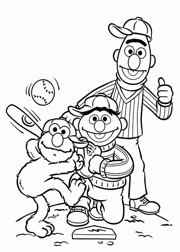 Ernie Bert and Elmo Playing Baseball Coloring Pages - Free ...