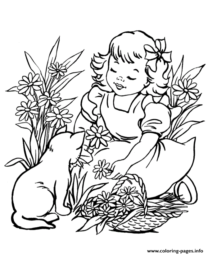 Print little girl with her kitty animal sb462 Coloring pages