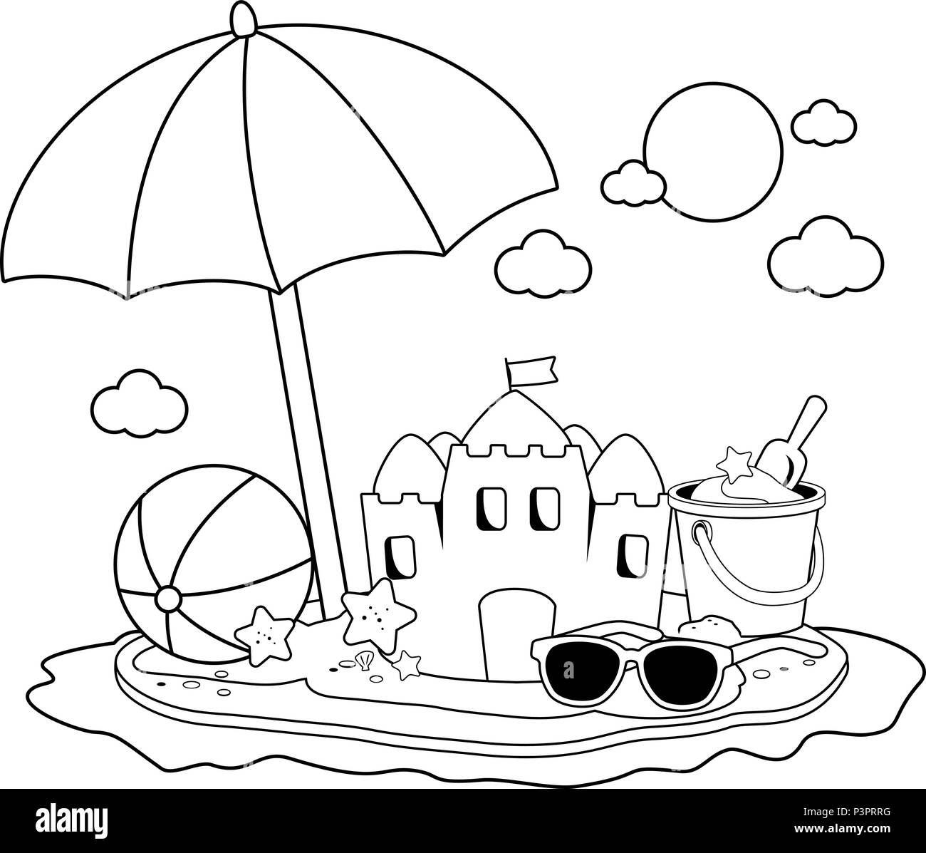 Summer vacation island with beach umbrella, a sandcastle and other beach  toys. Black and white coloring book page Stock Vector Image & Art - Alamy