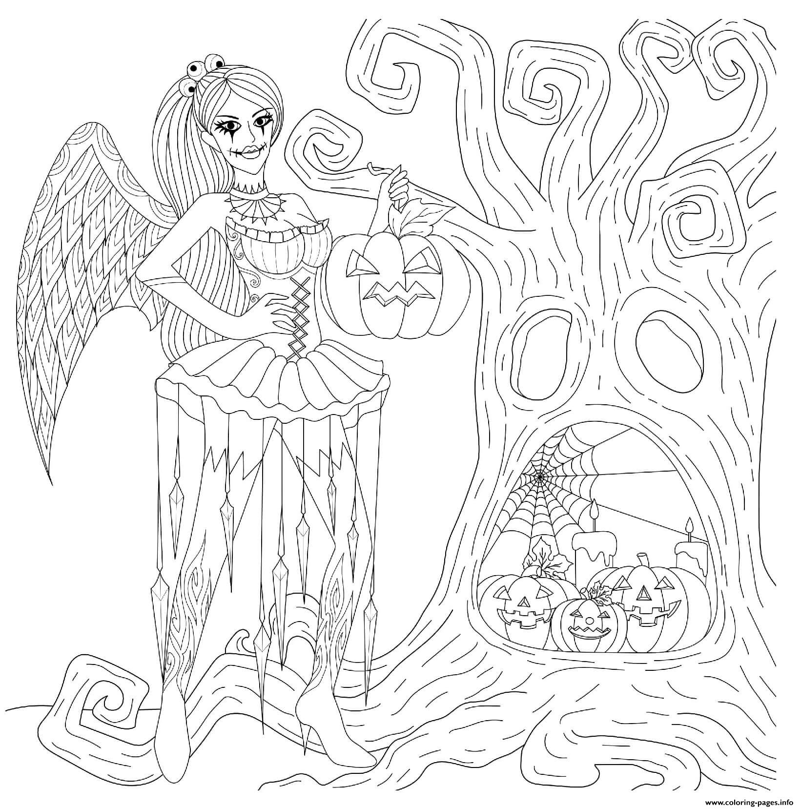 Halloween Goth Fairy Spooky Tree Pumpkins Coloring Pages Printable