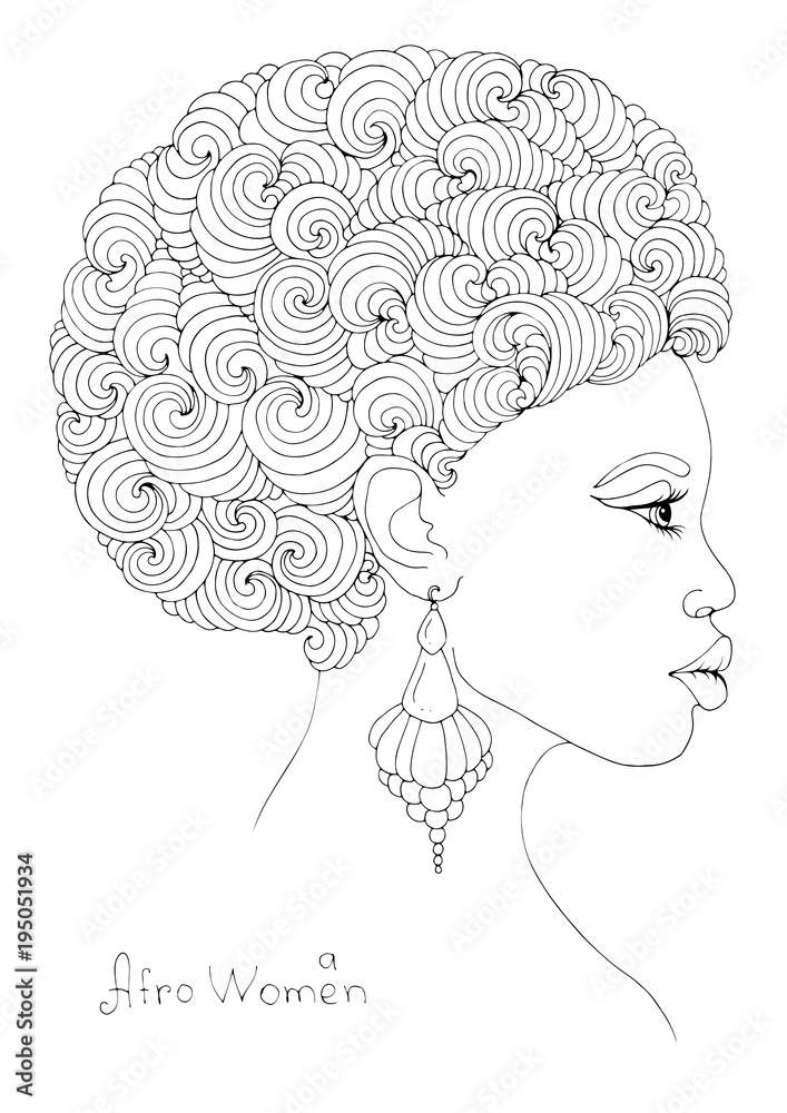 Vector hand drawn line profile portrait of a young African girl with  magnificent curly afro hairstyle and volumetric earrings. Coloring page. On  a white background Stock Vector | Adobe Stock