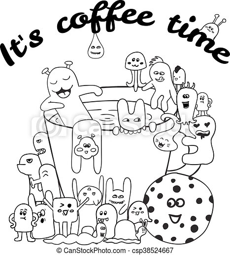 Coloring pages for adults book. black and white hipster hand drawn coffee  lettering. monster background. Coloring pages for | CanStock