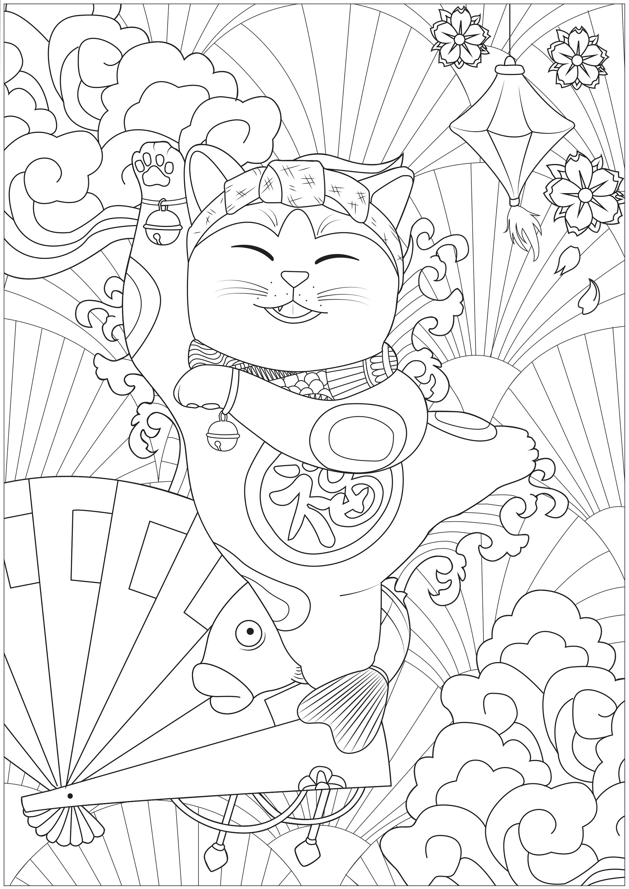 Dancing Maneki Neko cat - Japan Adult Coloring Pages