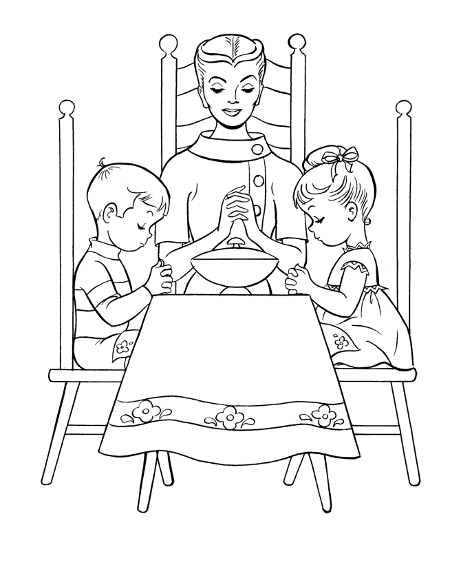 Thanksgiving Dinner Coloring Page Sheets - Mom and kids say Grace 