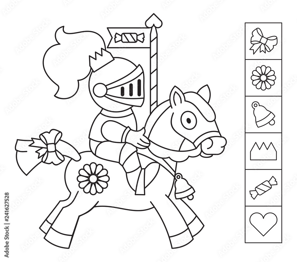 Color the knight. Find the objects hidden in the picture. Games for kids. Coloring  page. Educational activity for children Stock Vector | Adobe Stock