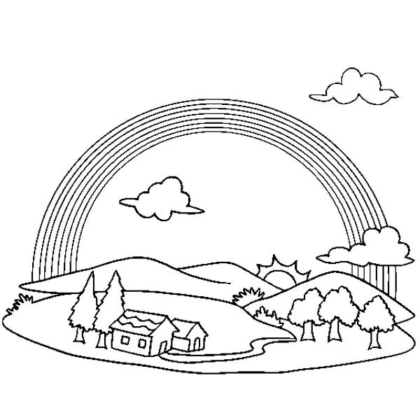 A Wonderful View Of Rainbow Over A Small Village Coloring Page - Download &  Print Online Coloring Pages for Free | Color Nimbus