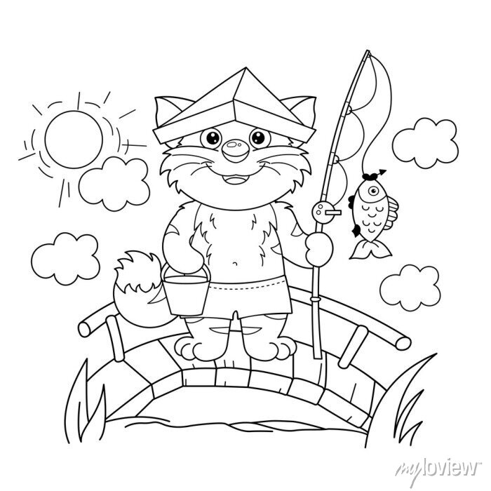 Coloring page outline of cartoon cat with fishing rod. cheerful • wall  stickers kindergarten, education, childish | myloview.com