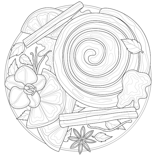 Premium Vector | Cinnamon bun on a plate with cinnamon and vanilla.coloring  book antistress for children and adults. illustration isolated on white  background.zen-tangle style.