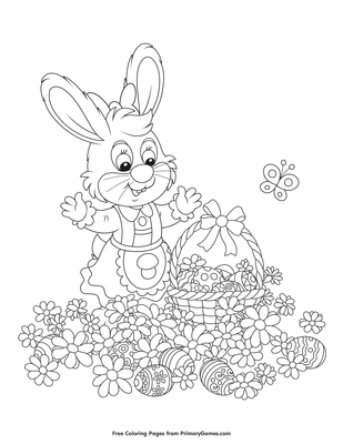 Rabbit With Easter Basket And Flowers Coloring Page • FREE Printable PDF  from PrimaryGames