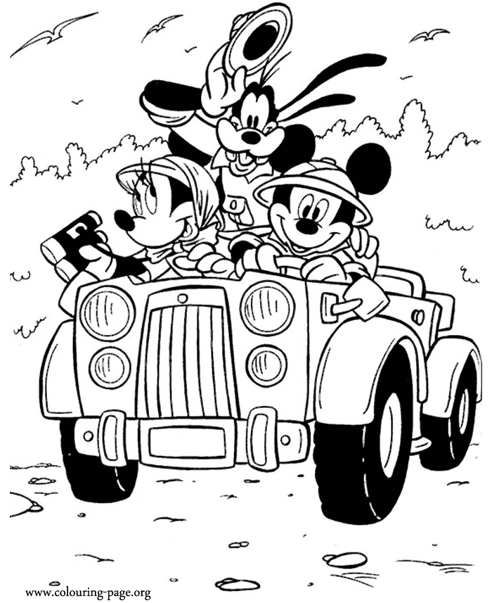 Mickey, Minnie and Goofy African Safari Coloring Page