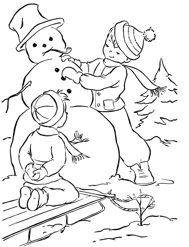 Two Little Kids Making A Cute Mr Snowman Coloring For Kids 