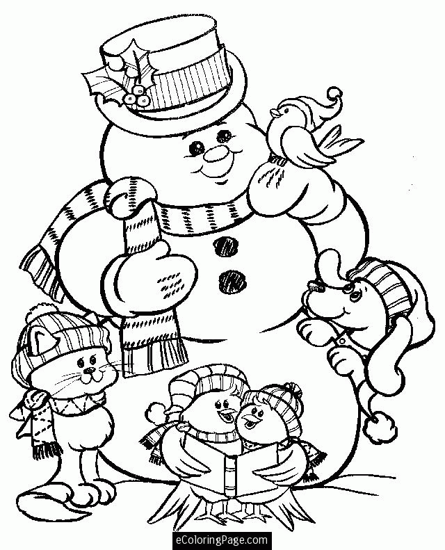 Xmas Cat, Dog, Birdies, and Frosty the Snowman Coloring Page for 