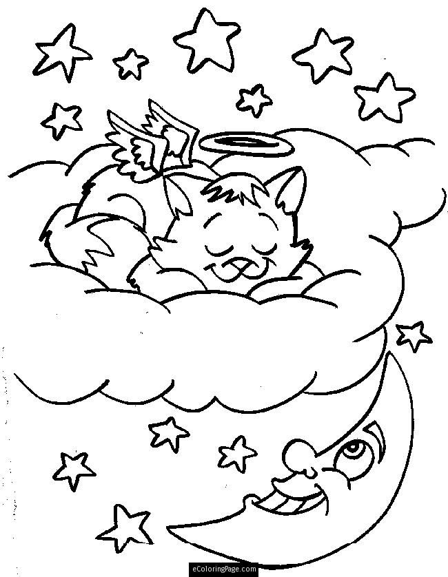 Cat Angel with a Halo with the Moon and Stars Coloring Page for 