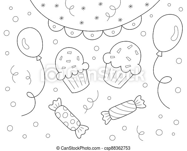 Party coloring page for kids. Fun party celebration coloring page for kids  with cupcakes, sweets and balloons. | CanStock