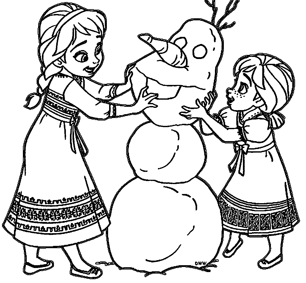 Young Anna Elsa Snow Man Coloring Page WeColoringPage | Wecoloringpage