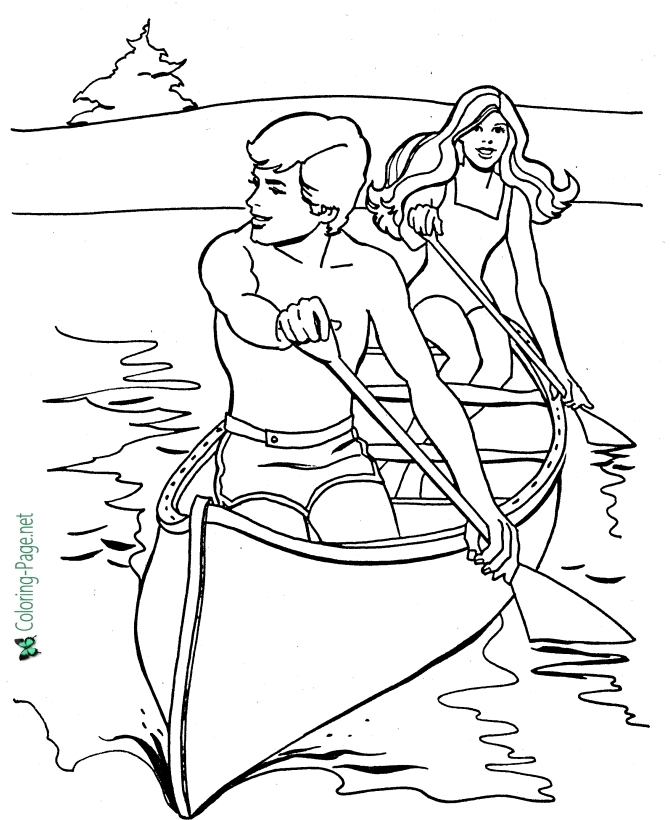 Boy and Girl Paddling Canoe - Coloring Pages for Girls