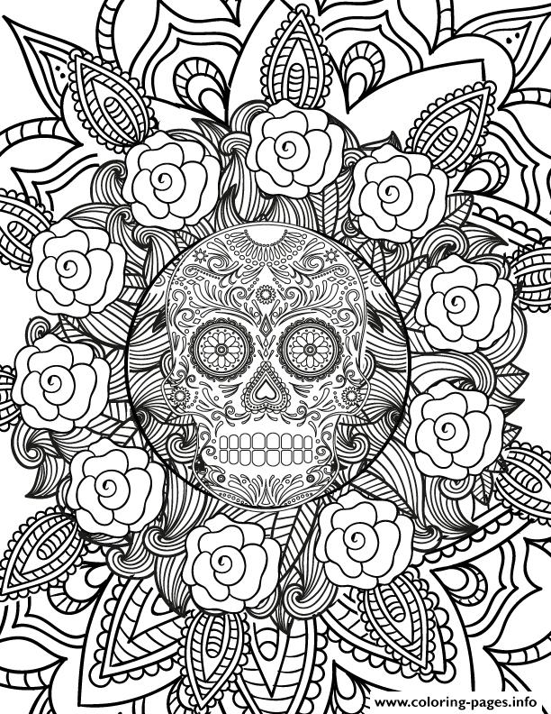 Adult Halloween Hard Sugar Skull Flowers Coloring Pages ...