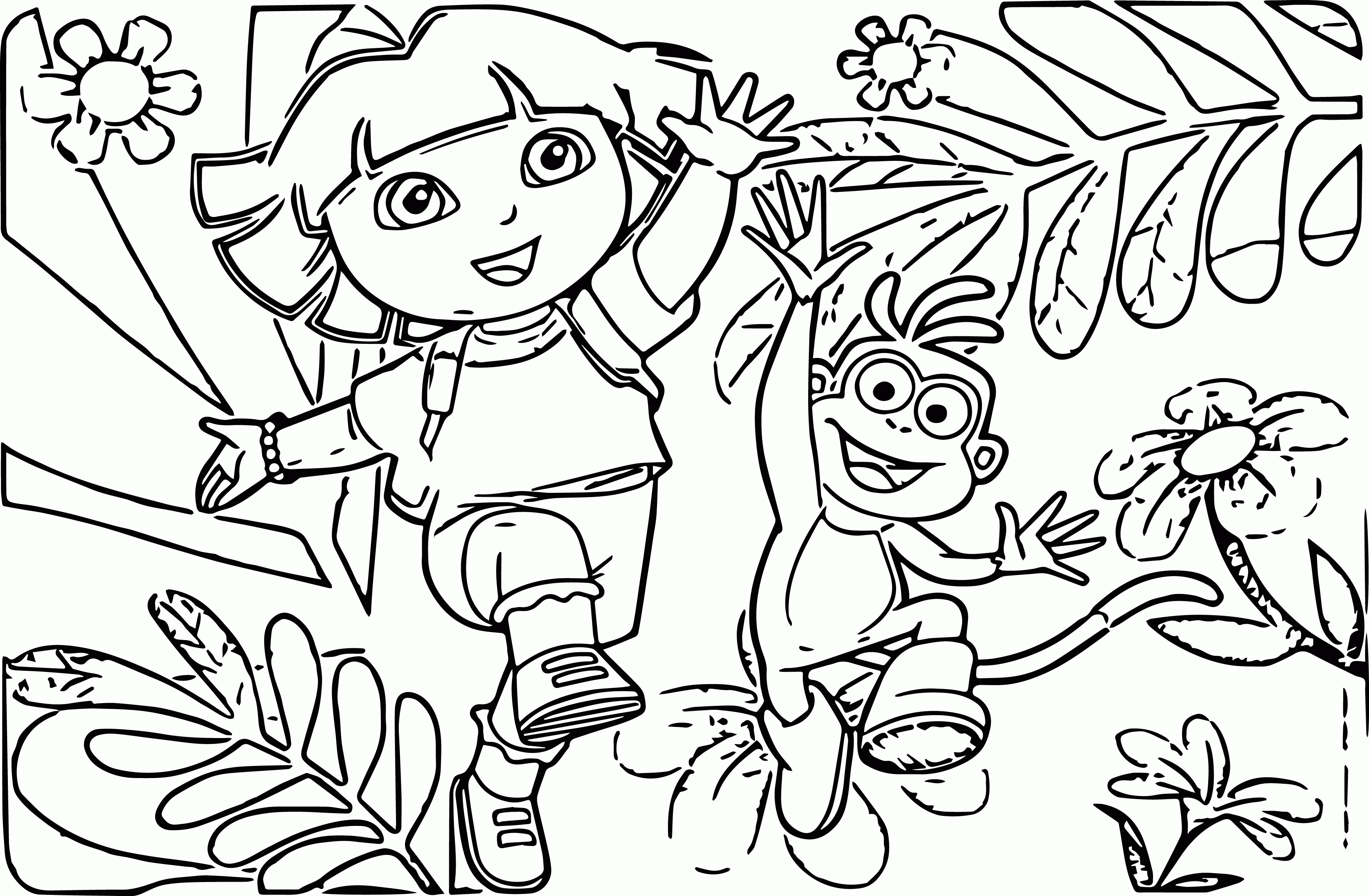 Dora And Monkey In Forest Coloring Page | Wecoloringpage
