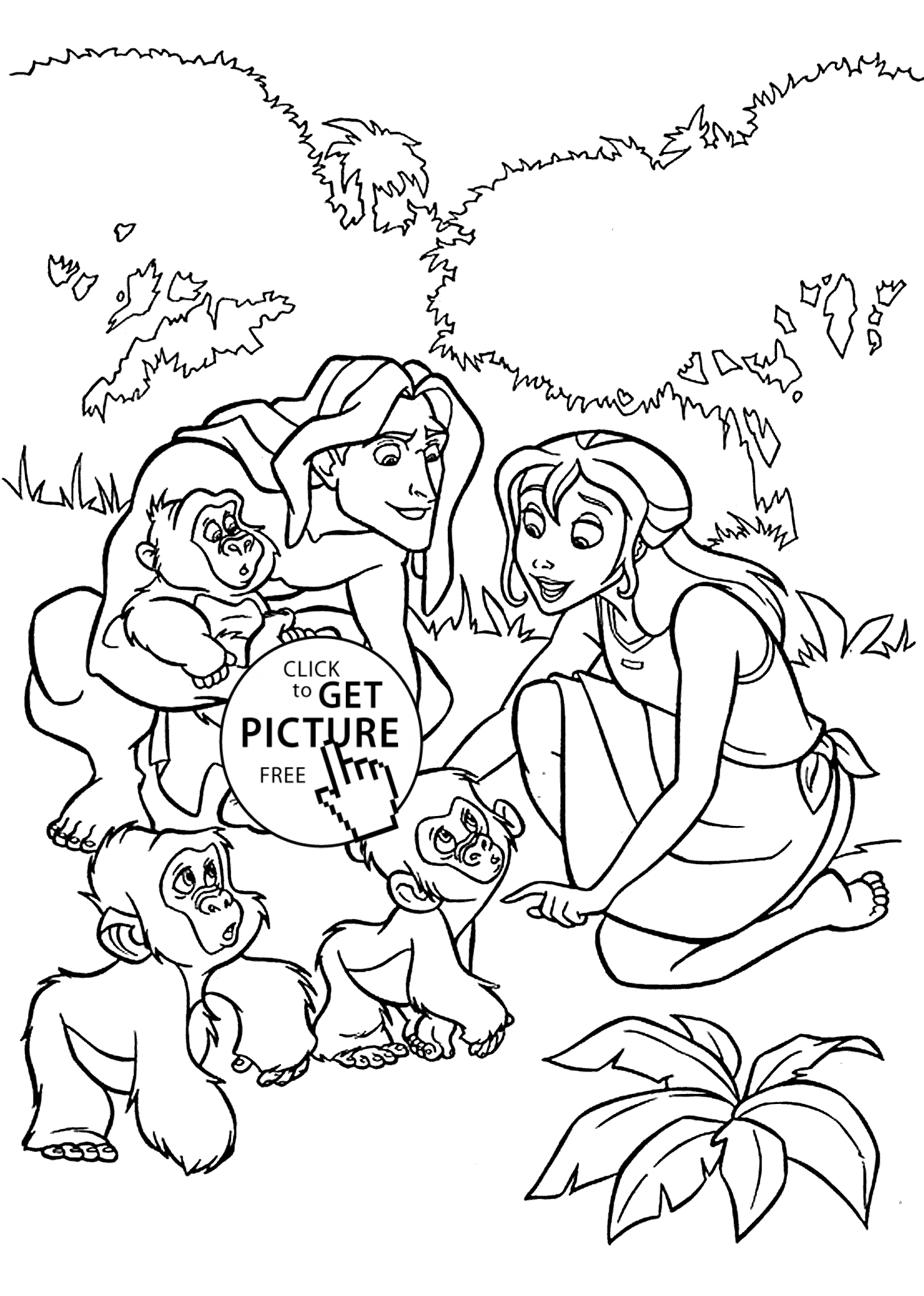 Tarzan, Jane and little monkies coloring pages for kids, printable ...