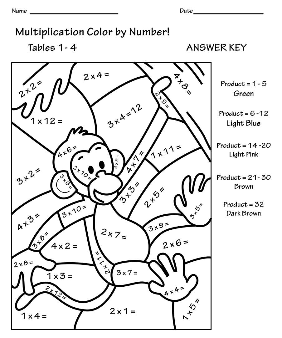 Free Printable Math Multiplication Coloring Worksheets