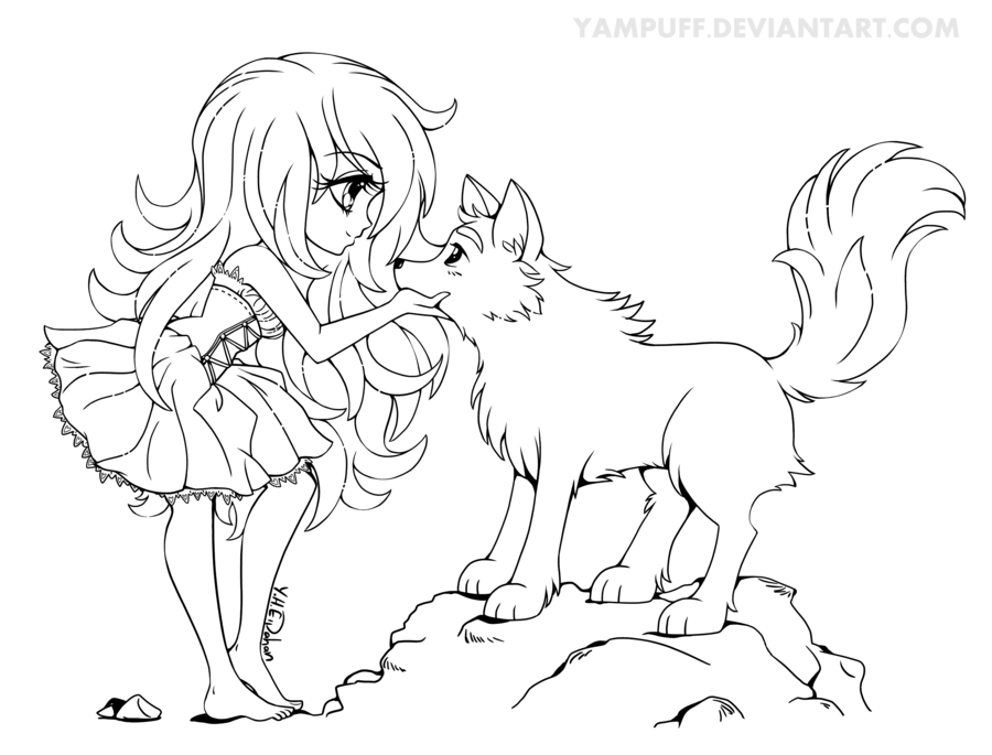 Chibi with Wolf - Lineart Commission by YamPuff on deviantART