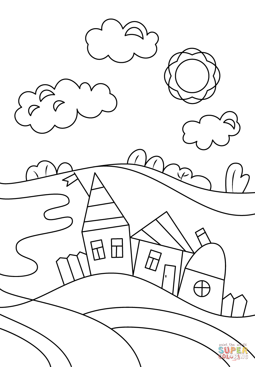 Village Scene coloring page | Free Printable Coloring Pages