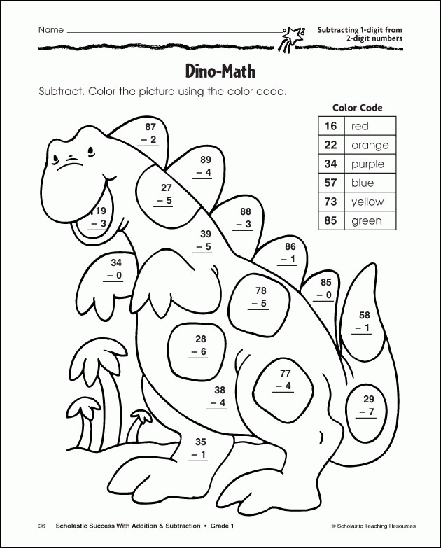 Dinosaur Color By Number Substraction Coloring Page - Coloring Home