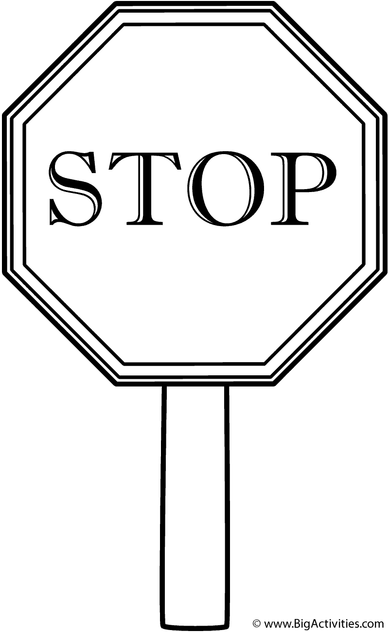 Stop Sign with thick border on Post - Coloring Page (Safety)