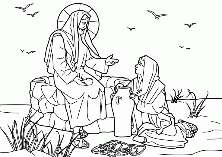 Jesus and the Samaritan woman at the well. Bible coloring page