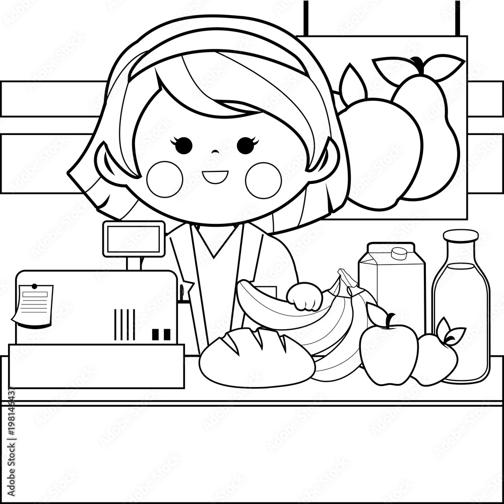 Grocery store employee at the counter. Black and white coloring book page  Stock Vector | Adobe Stock