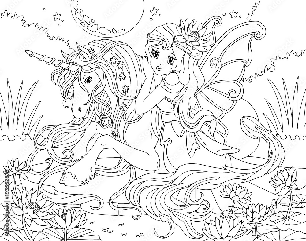 Coloring page Unicorn and Princess Stock Illustration | Adobe Stock