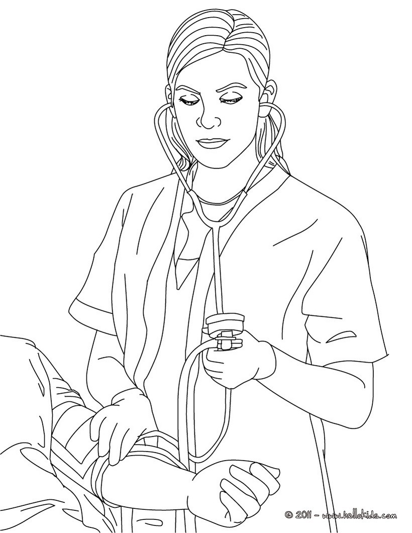 Nurse ckecking blood pressure coloring pages - Hellokids.com