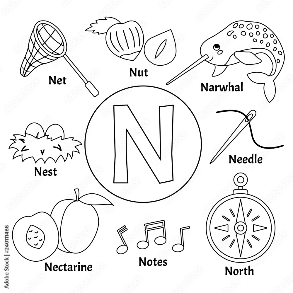 Vector cute kids animal alphabet. Letter N. Set of cute cartoon  illustrations. Coloring page. Stock Vector | Adobe Stock