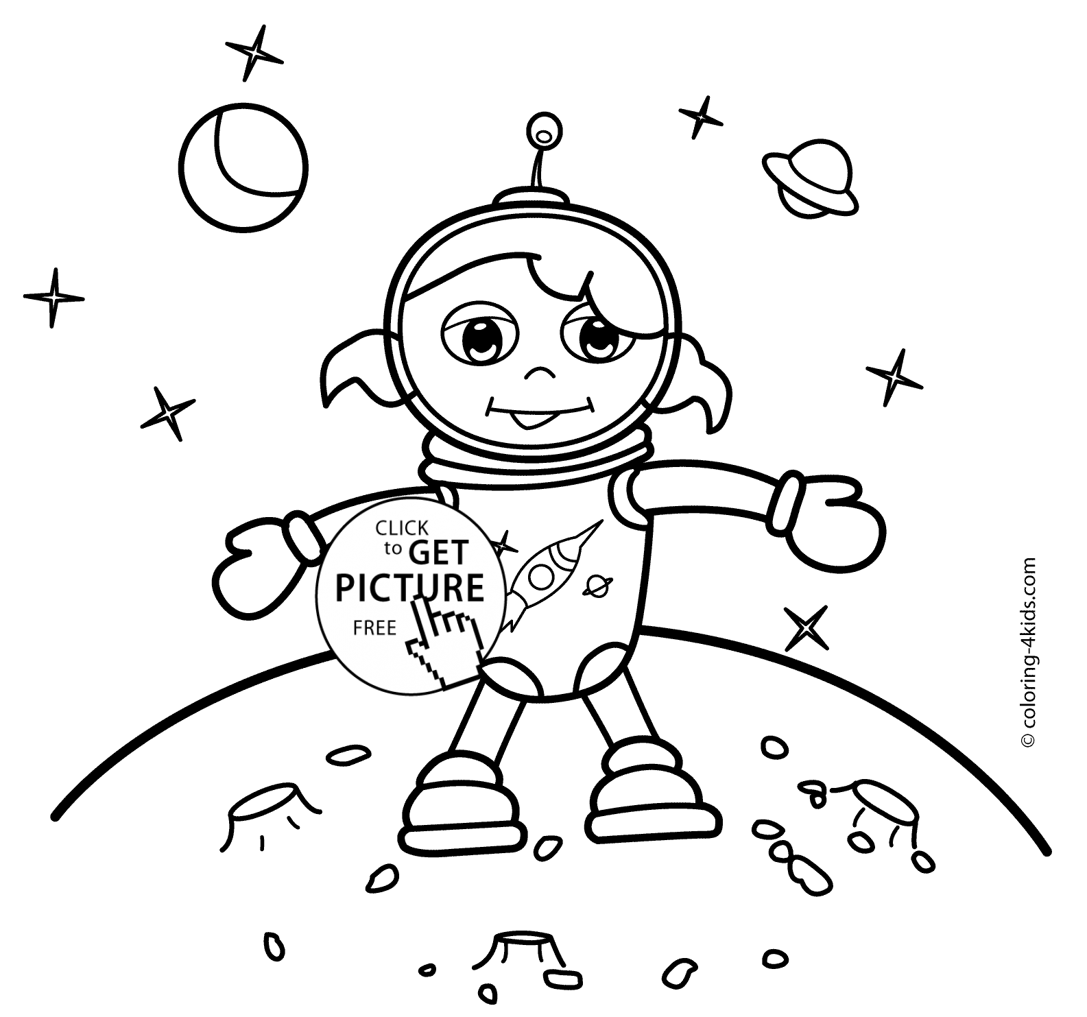 Spaceman girl coloring pages for kids on the moon, printable free ...