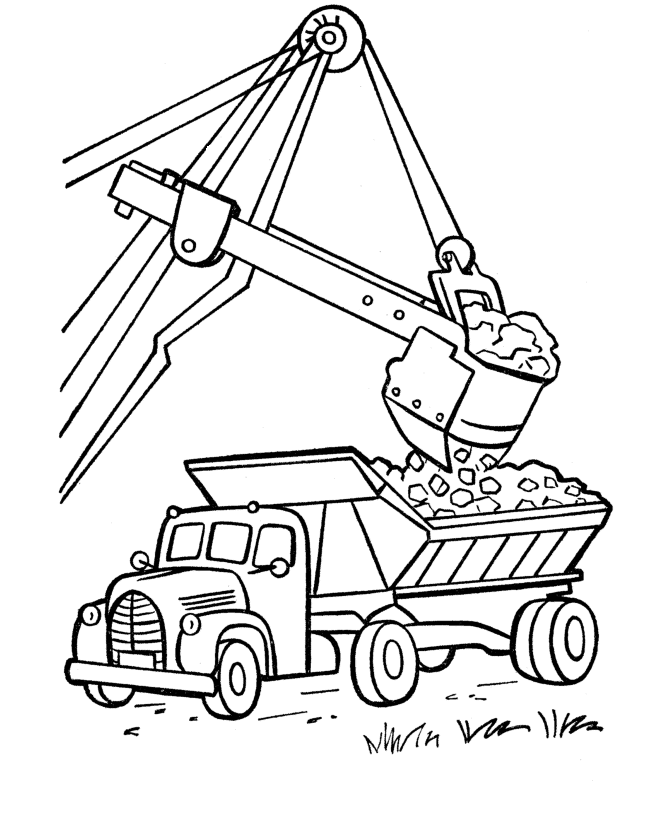 Excavator and Dump Truck Printable Coloring Page |
