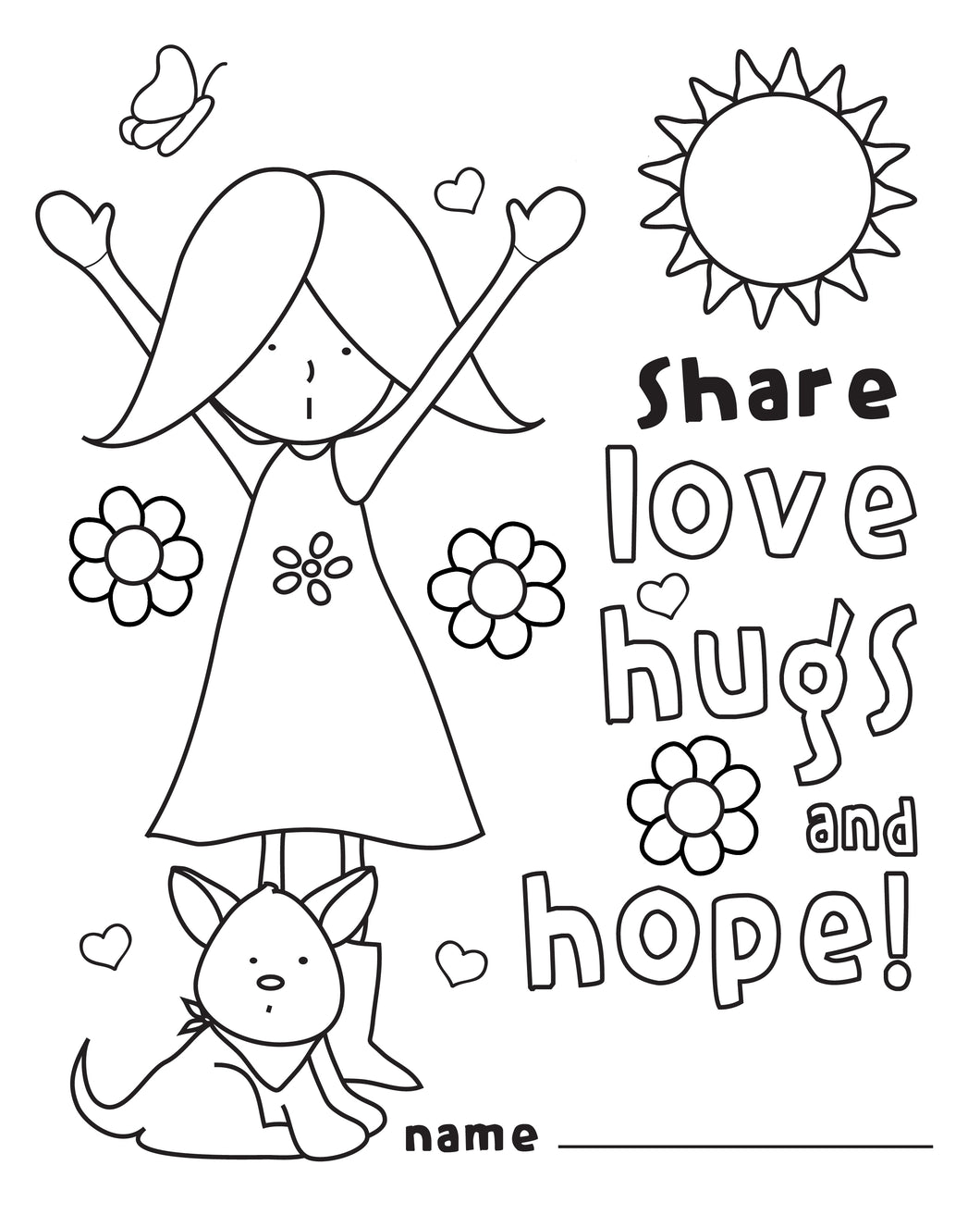 Love, Hugs, and Hope Coloring Page 1 – Huckleberry Moose