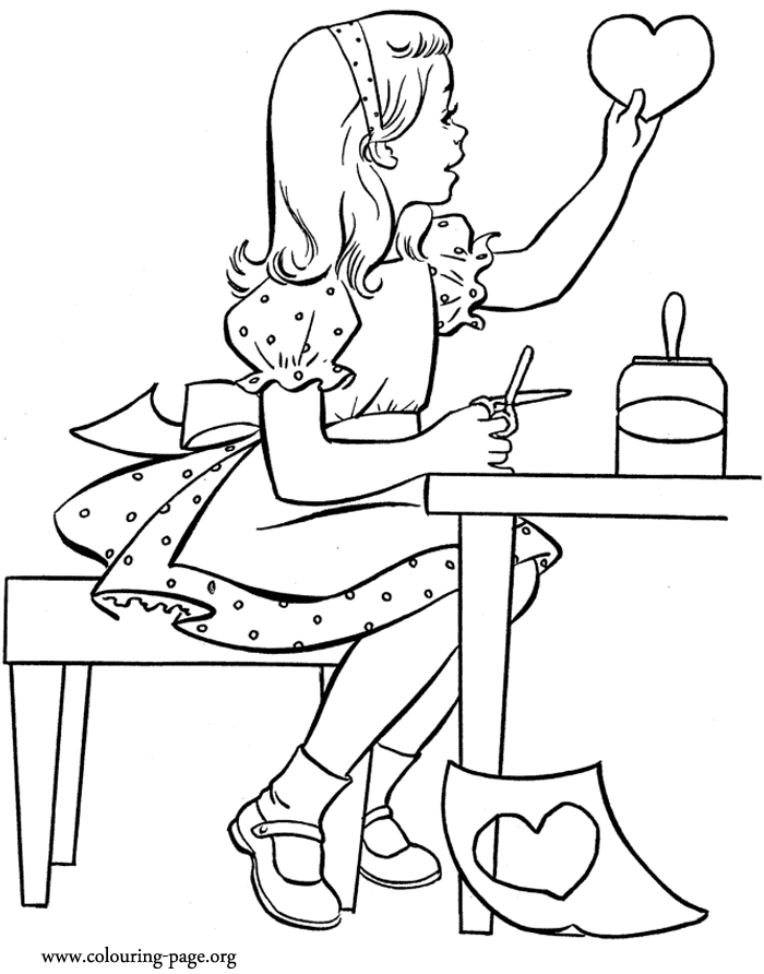 Valentine's Day - A little girl cutting and pasting a heart coloring page