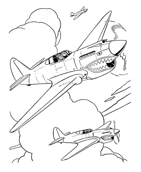 Fighter Aircraft Drawings and Coloring Sheets - Curtiss P-40 Warhawk