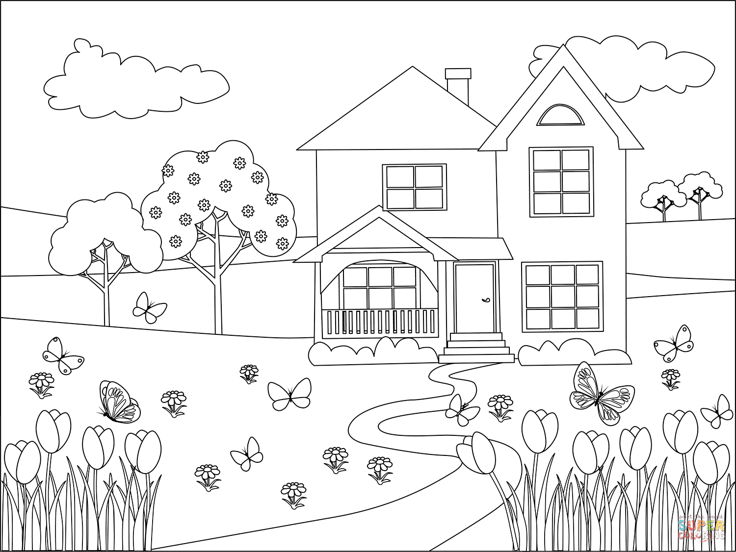 Spring, Flowers, Butterflies and Country House coloring page | Free  Printable Coloring Pages