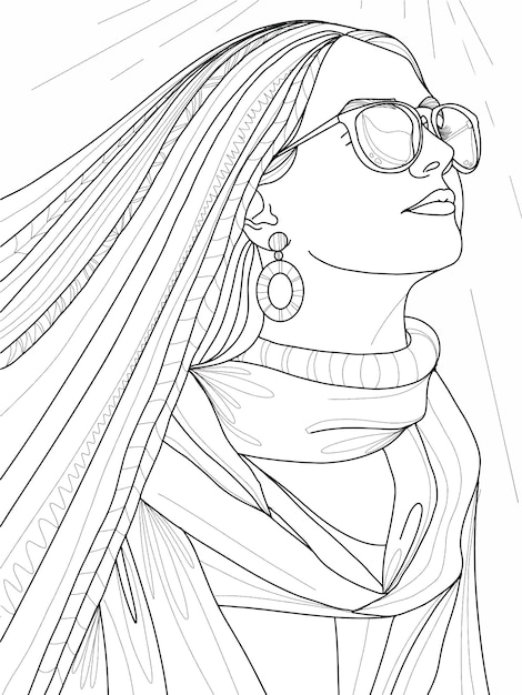 Premium Vector | Young girl with long hair wearing glasses and scarf in  doodle style fashionable princess illustration coloring book coloring page  for kids and adultseps