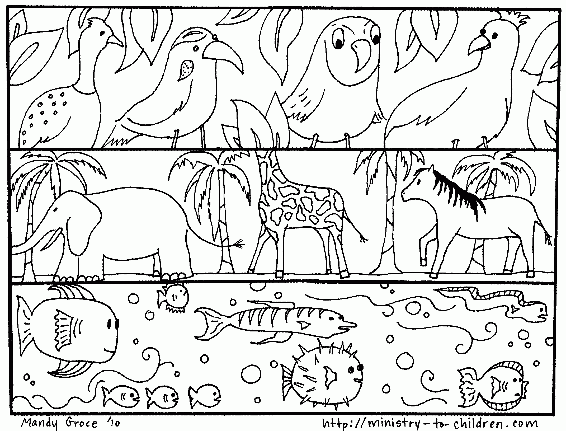 Creation Coloring Pages: God Made the Animals, Fish, Birds